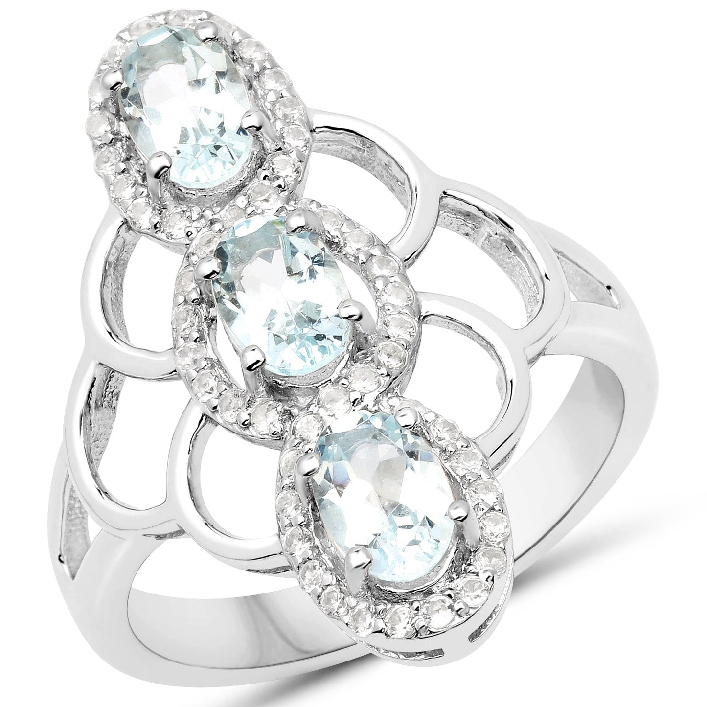 Bague en argent sterling avec aquamarine véritable de 1,54 carat et zircon blanc