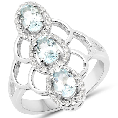 1.54 Carat Genuine Aquamarine & White Zircon Sterling Silver Ring