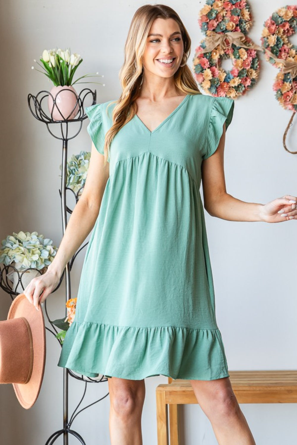 Elegant Short Sleeve V Neck Ruffled Hem Dress