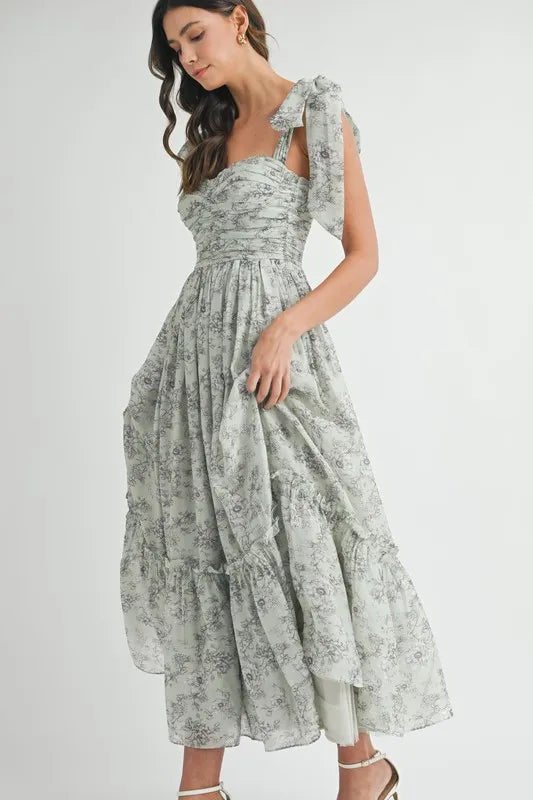 Robe midi froncée à buste floral avec lien d'épaule