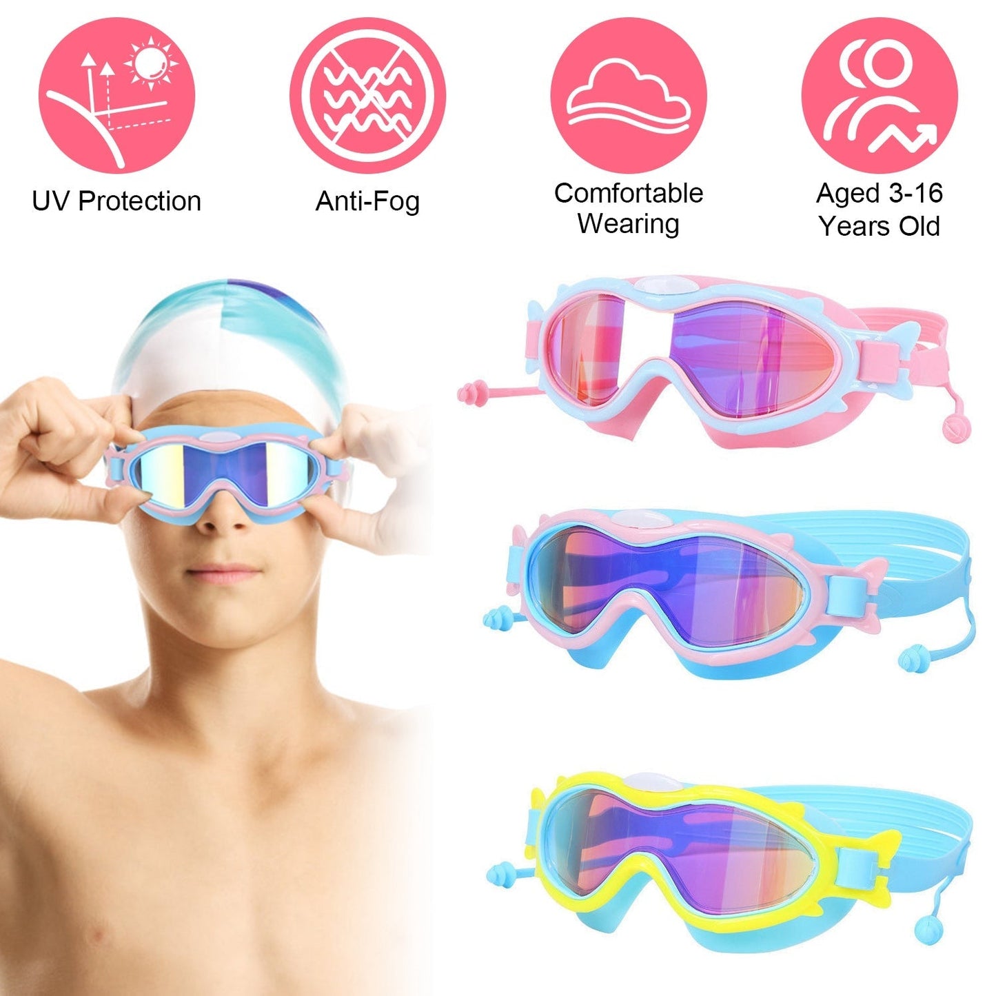 Gafas de natación para niños con tapones para los oídos - Protección UV y antiempañante