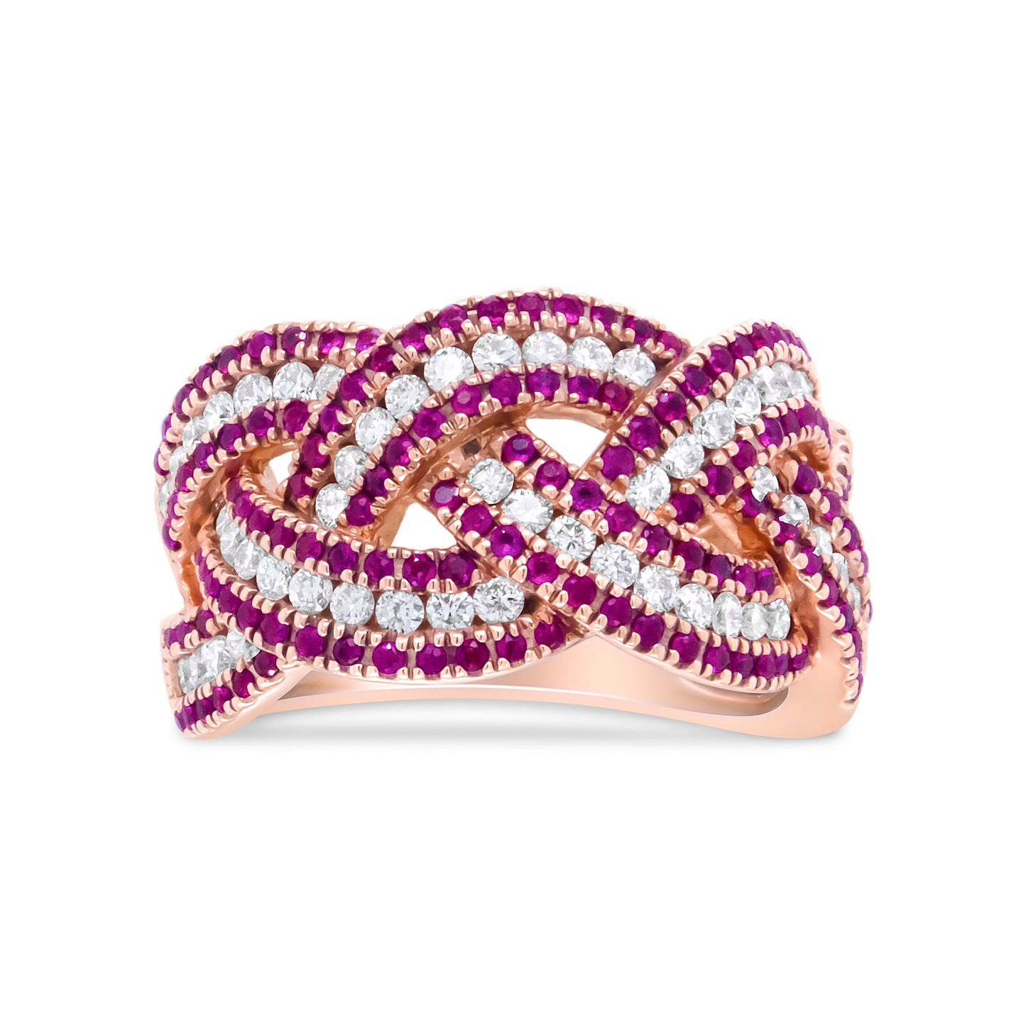 Bague tressée en or rose 18K avec rubis et diamants - Taille 7