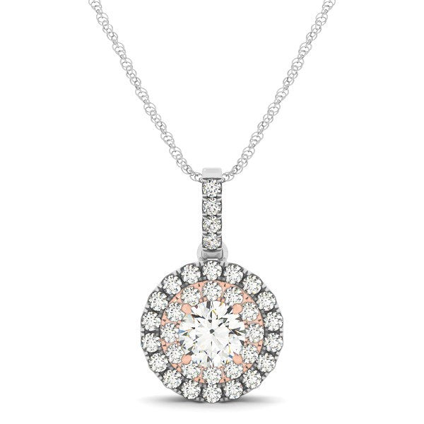 Pendentif en diamant halo rond en or blanc et rose 14k