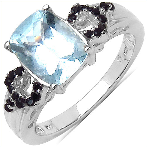 1.92 Carat Genuine Aquamarine & Black Spinel Sterling Silver Ring