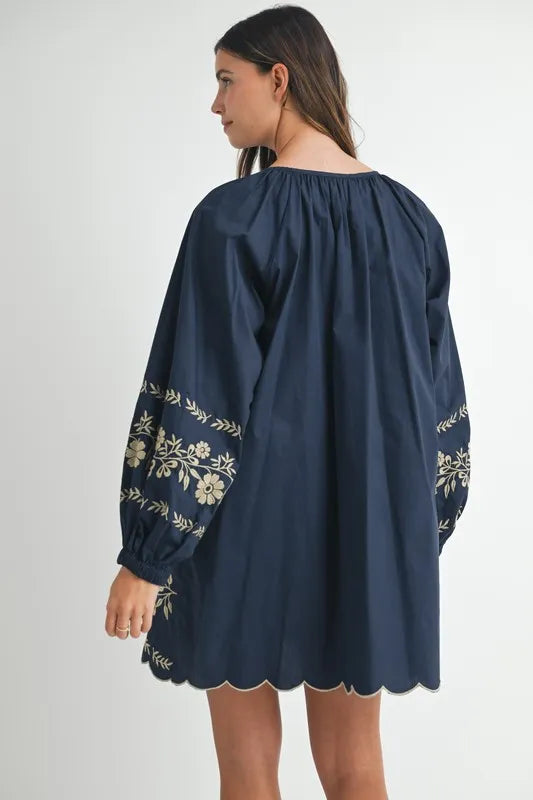 Embroidered Long Sleeve Peasant Mini Dress for Women