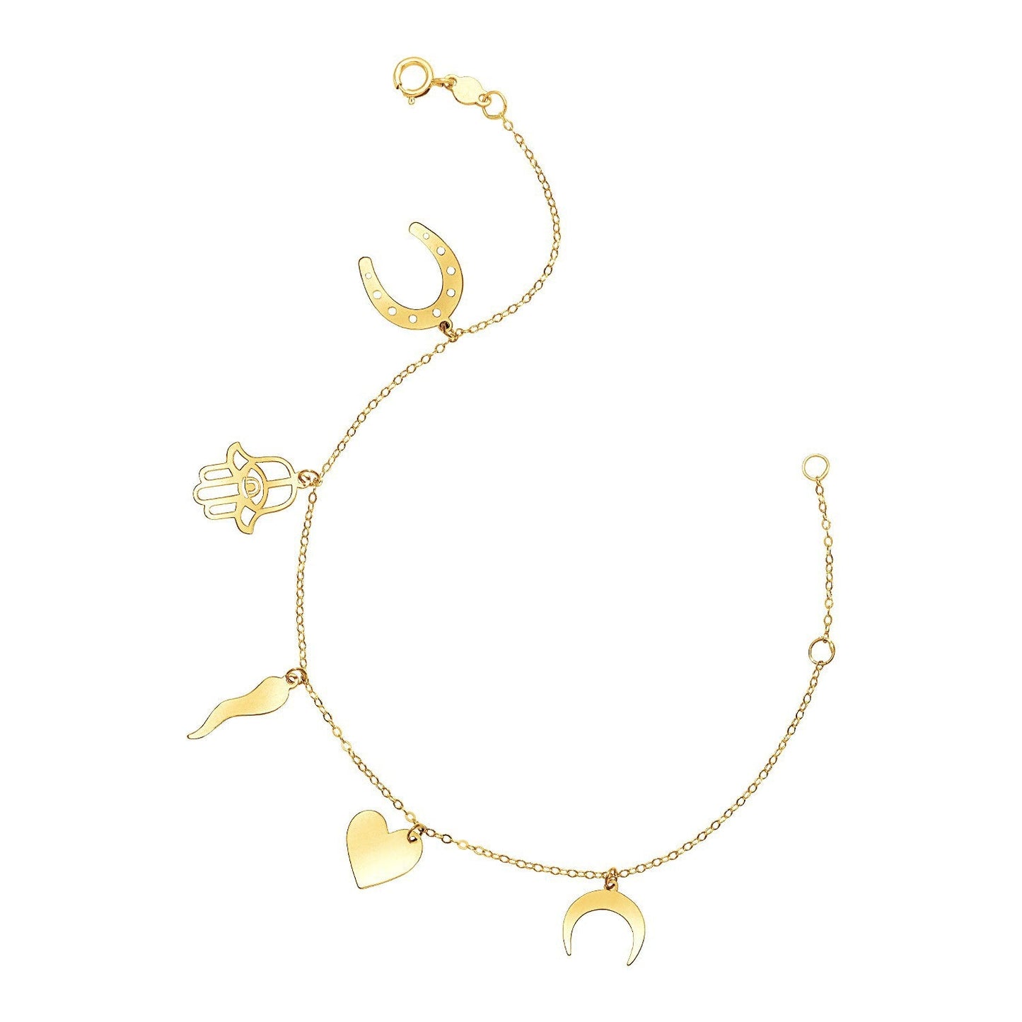 Bracelet en or jaune 14 carats de 7 pouces avec charms polis