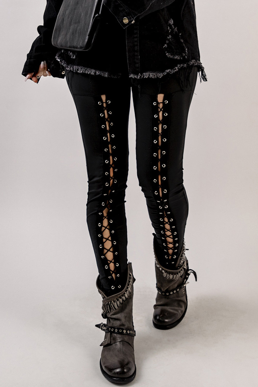 Black Grommet Lace Up Front Leggings - Korvel