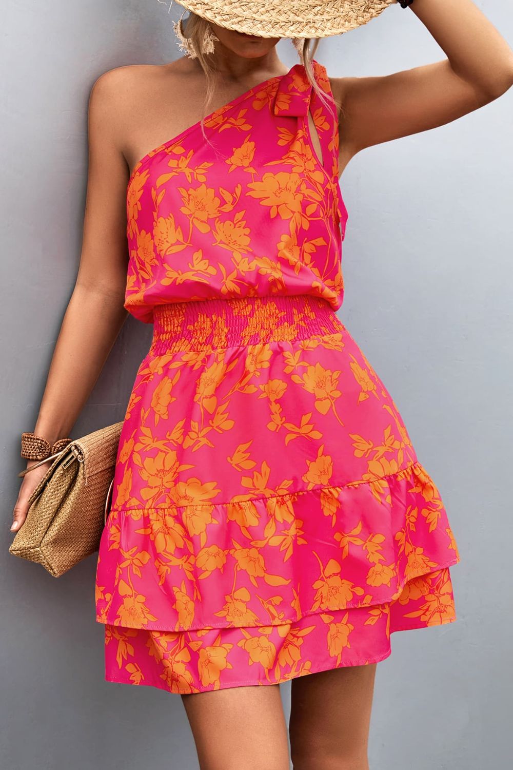 Pink Smocked Printed Single Shoulder Dress