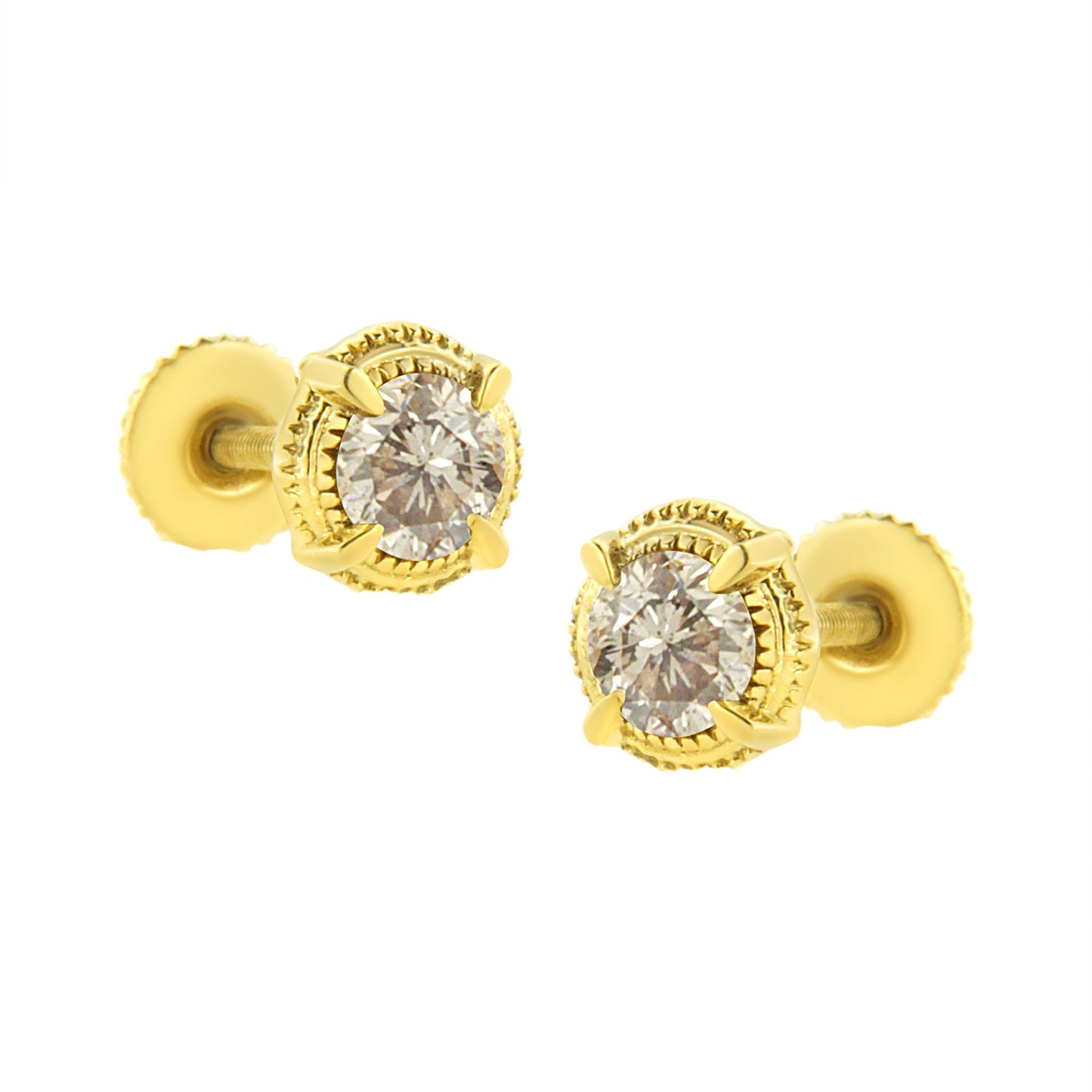 Boucles d'oreilles clous en argent sterling plaqué or jaune 14K avec diamant solitaire