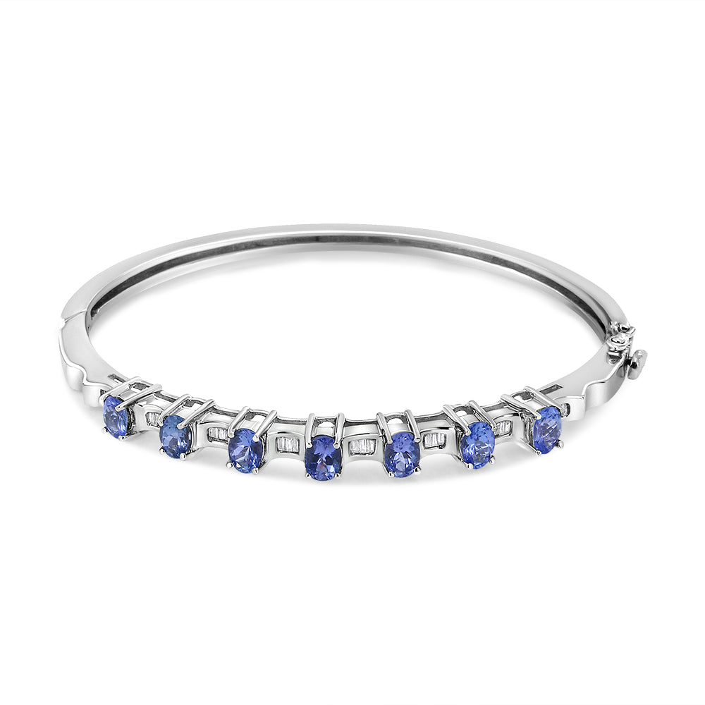 14K White Gold Oval Blue Tanzanite & Diamond Bangle Bracelet