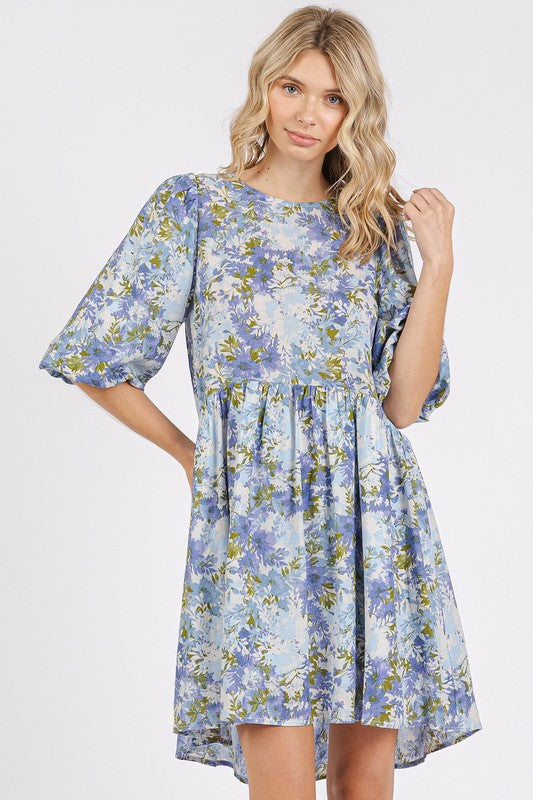 Robe Mini Babydoll en Lin Mélangé à Imprimé Floral d'Été