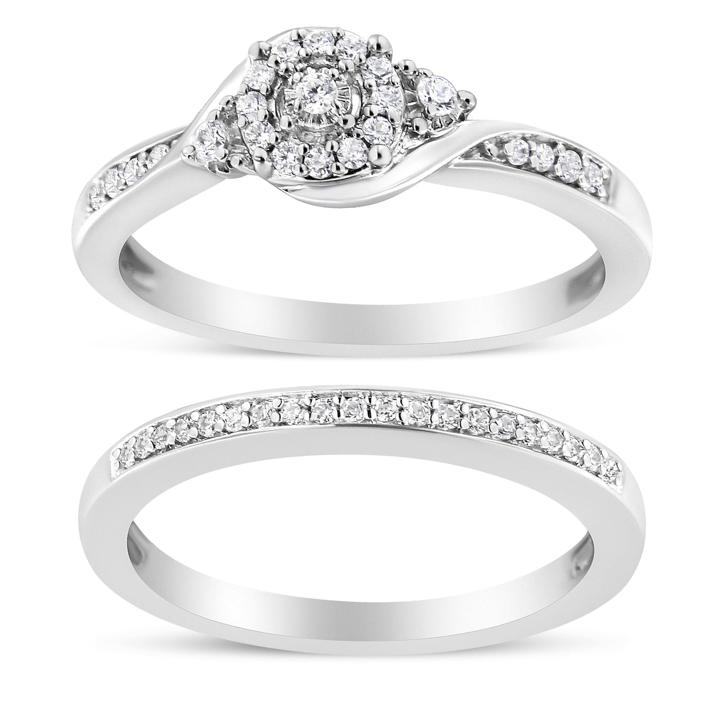 Ensemble de Bague de Fiançailles et de Mariage en Argent Sterling .925 avec Halo de Diamants et Tour
