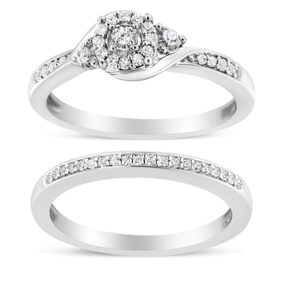 .925 Sterling Silver Diamond Halo and Swirl Engagement Ring Set