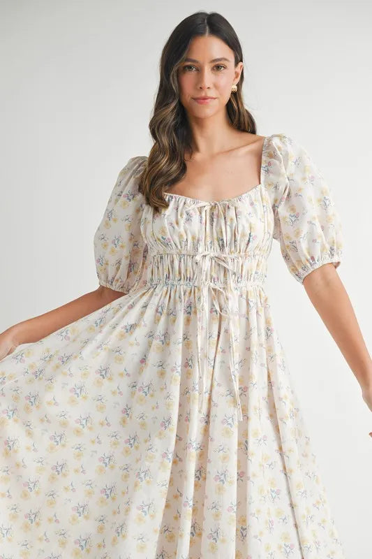 Floral Drawstring Detail Puff Sleeve Midi Dress