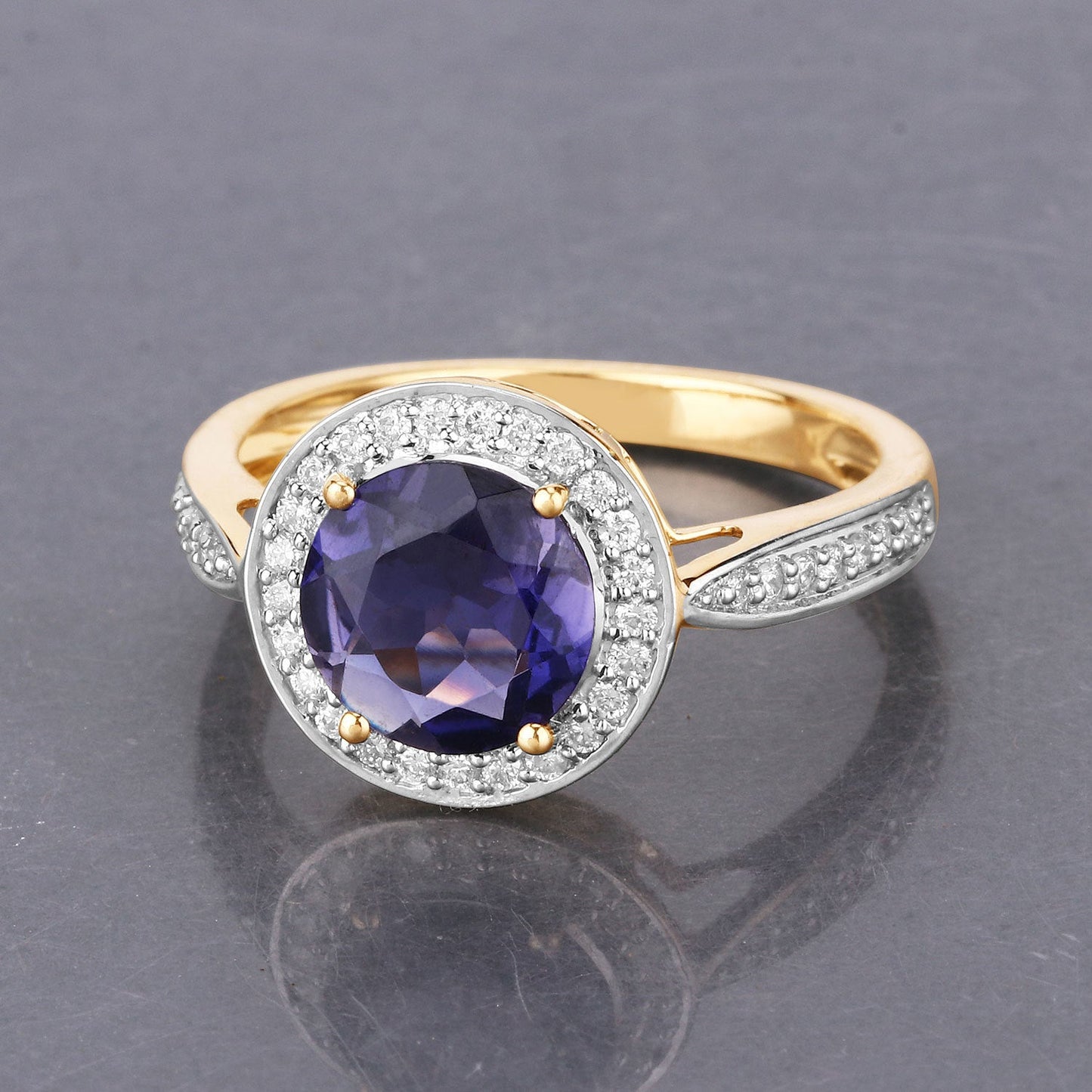 Bague en or jaune 14K avec iolite de 1,79 carat et diamants blancs