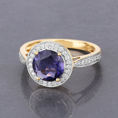 Bague en or jaune 14K avec iolite de 1,79 carat et diamants blancs