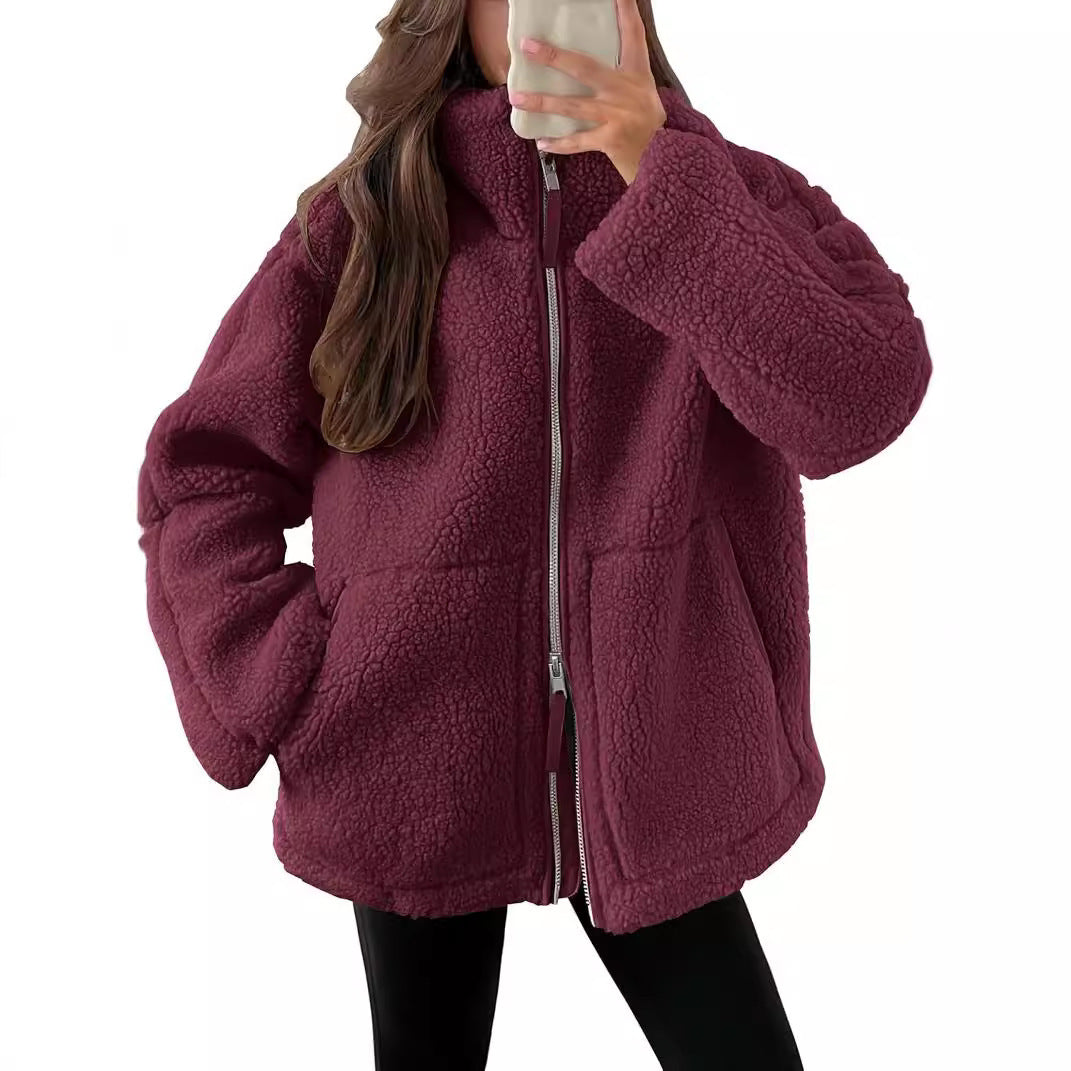 Manteau élégant d'hiver à col avec fermeture éclair et poches