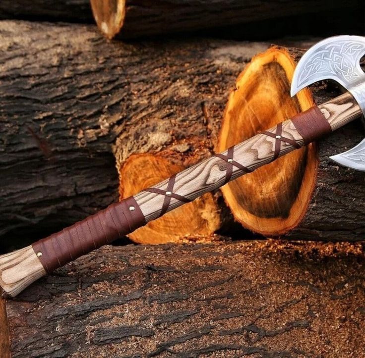 Artisan Crafted Battle Axe: Engraved Dual D2 Steel Blades with Ash Wood Handle and Leather Sheath - Korvel