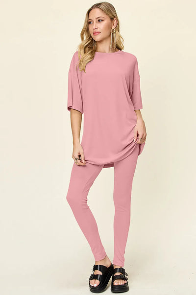 Double Take Full Size Round Neck T-Shirt and Leggings Set