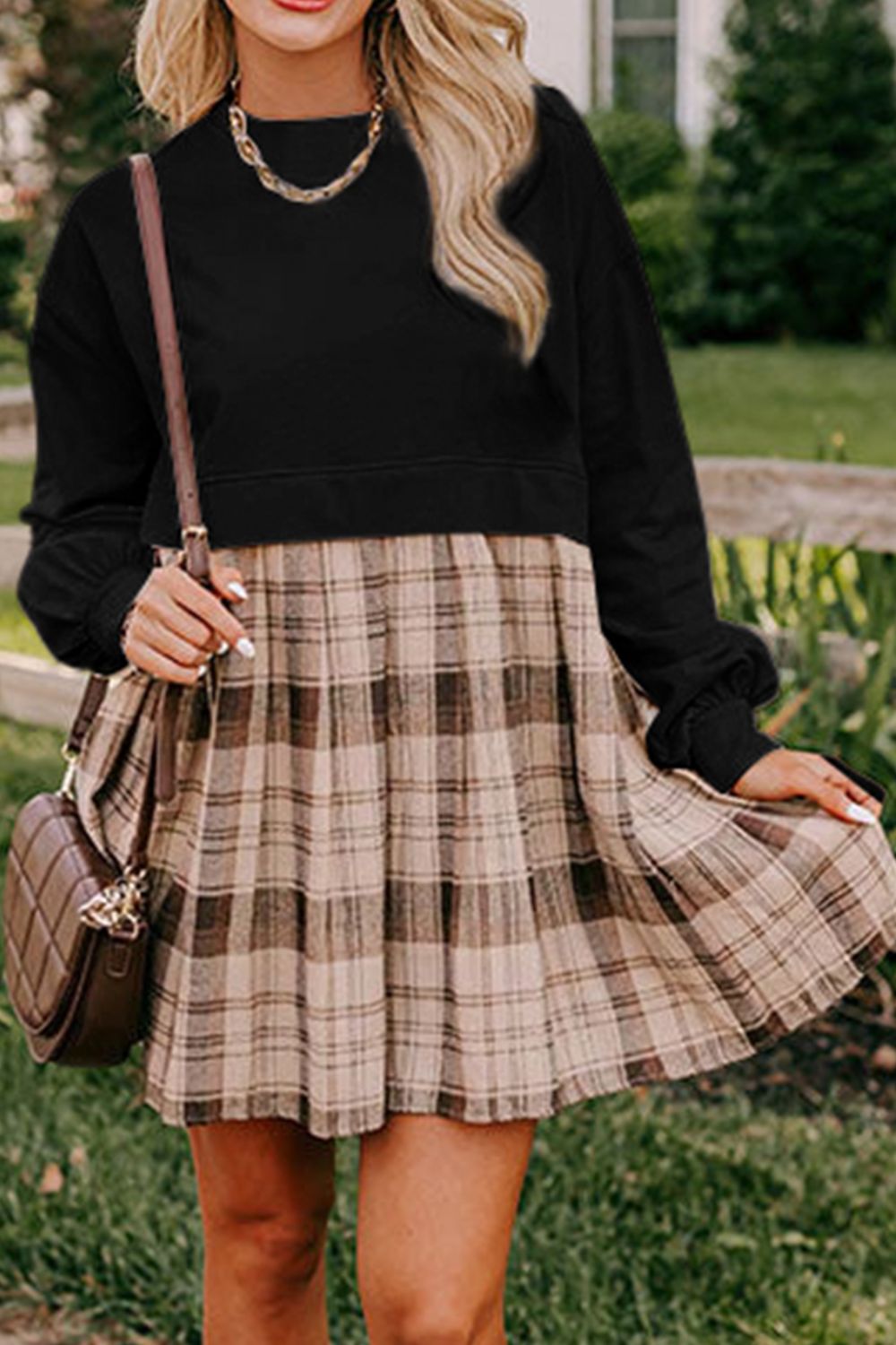 Vintage Plaid Round Neck Long Sleeve Mini Dress Cozy & Stylish Dress Retro Design Dress For Party - Korvel