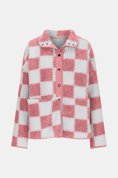 Chaqueta de Teddy de Manga Larga con Botones y Diseño a Cuadros Elegante