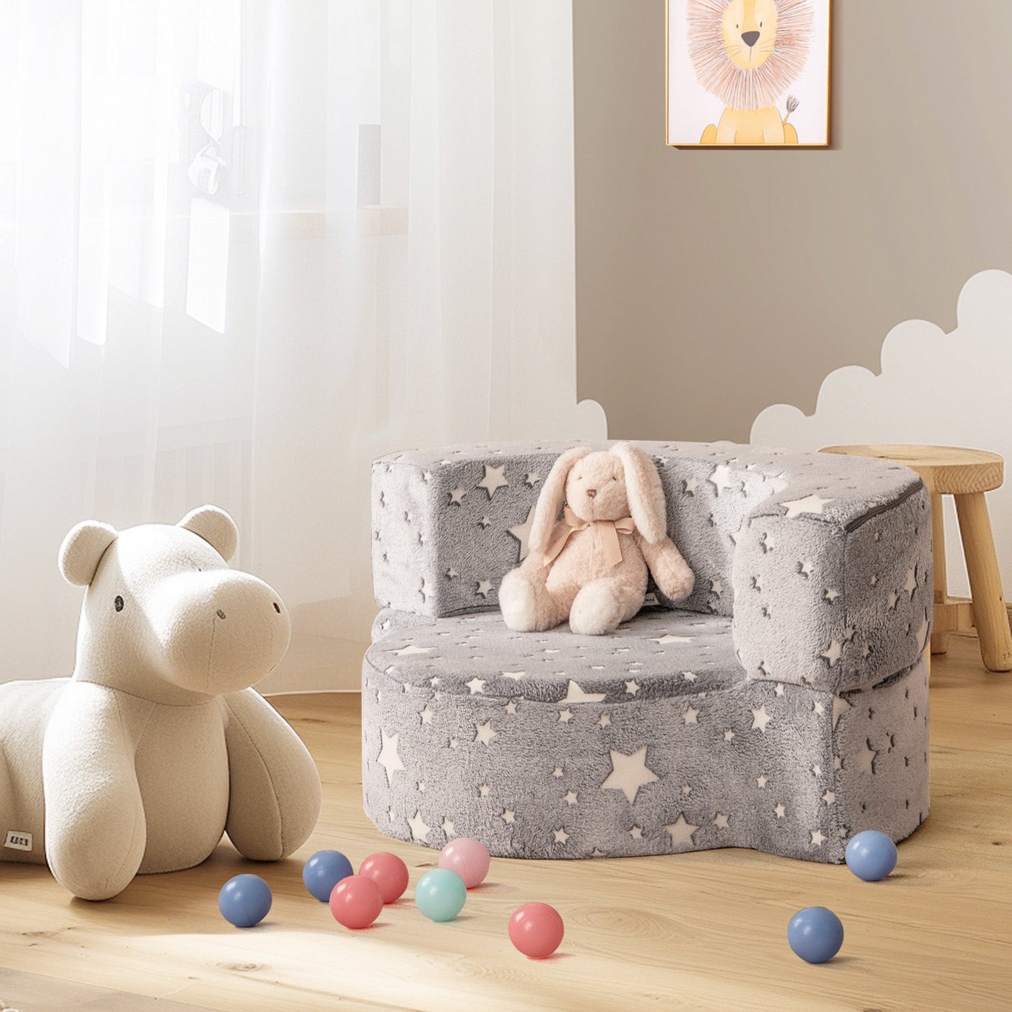 Silla y Sofá 2 en 1 que Brilla en la Oscuridad para Niños - Gris