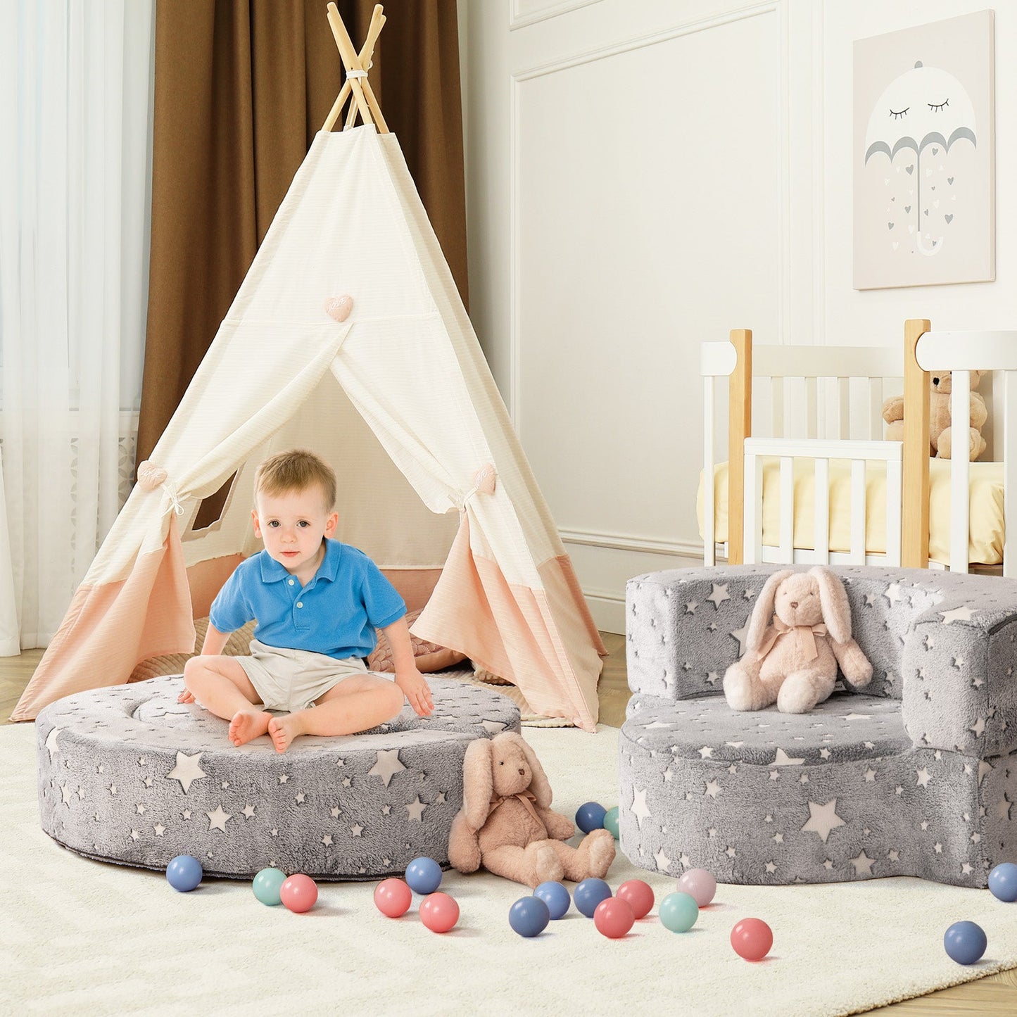 Silla y Sofá 2 en 1 que Brilla en la Oscuridad para Niños - Gris