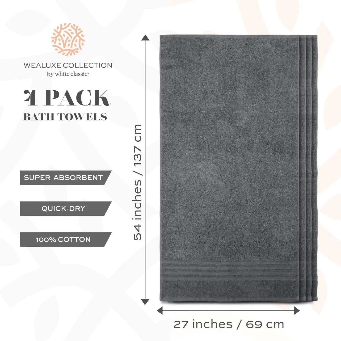 Juego de 4 toallas de baño grises Wealuxe - Toallas de cuerpo de algodón premium