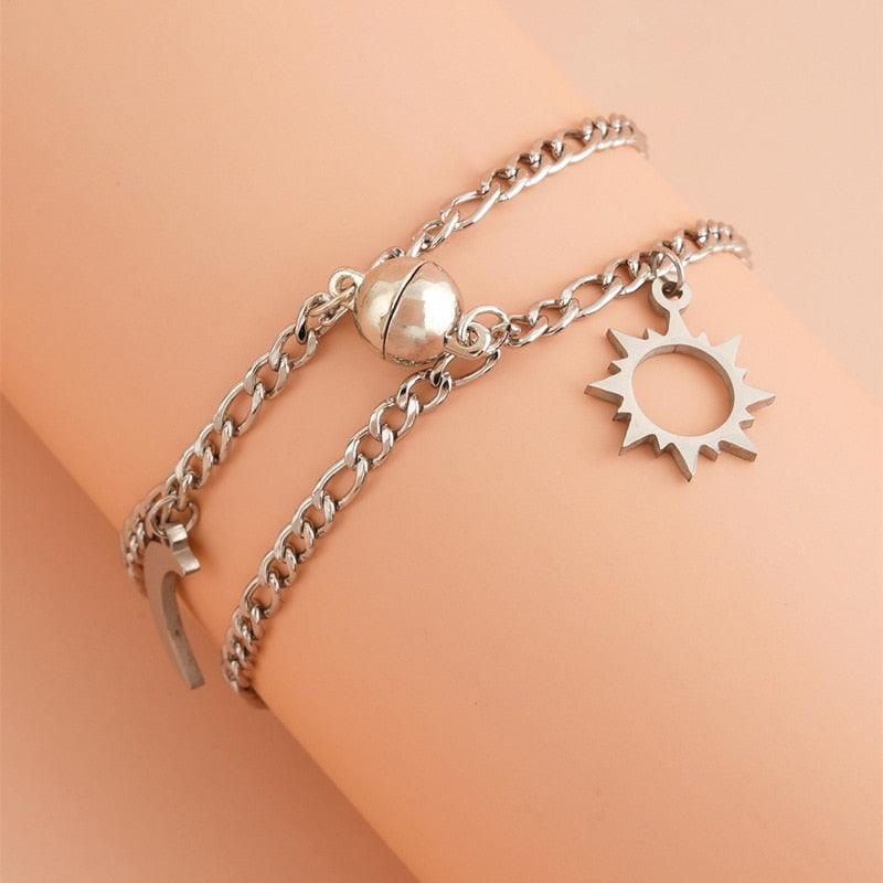 Ensemble de Bracelets Couple Élégants en Acier Inoxydable Soleil Lune