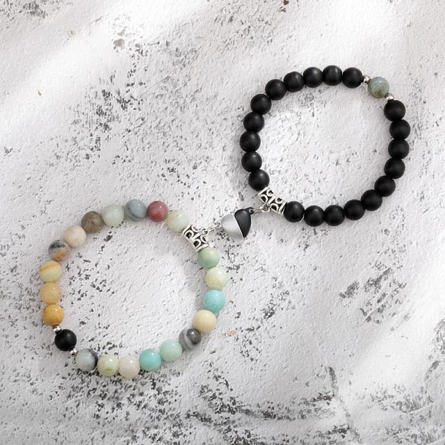 Ensemble de Bracelets pour Couples - Perles en Pierre Naturelle avec Cœurs Magnétiques