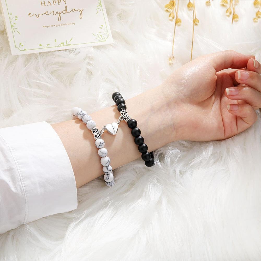 Ensemble de Bracelets pour Couples - Perles en Pierre Naturelle avec Cœurs Magnétiques