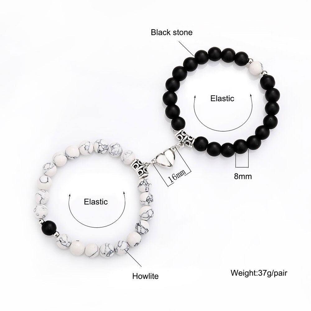 Ensemble de Bracelets pour Couples - Perles en Pierre Naturelle avec Cœurs Magnétiques