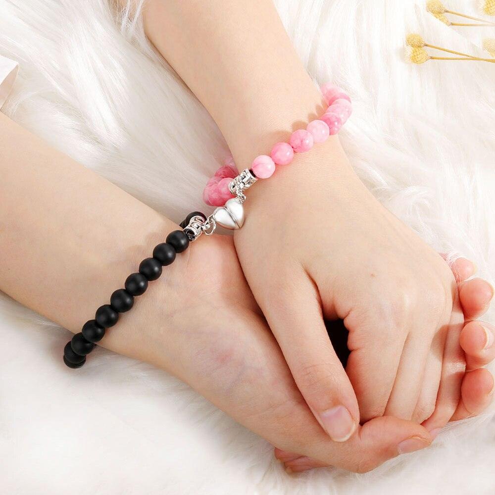 Ensemble de Bracelets pour Couples - Perles en Pierre Naturelle avec Cœurs Magnétiques