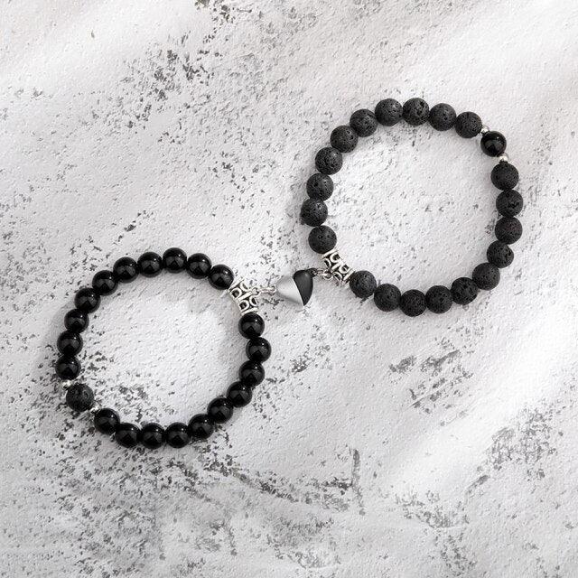 Ensemble de Bracelets pour Couples - Perles en Pierre Naturelle avec Cœurs Magnétiques