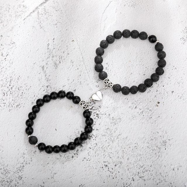 Ensemble de Bracelets pour Couples - Perles en Pierre Naturelle avec Cœurs Magnétiques