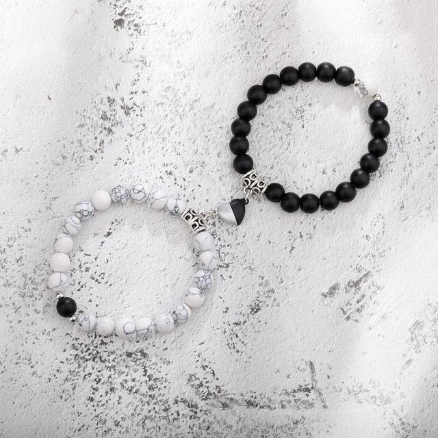Ensemble de Bracelets pour Couples - Perles en Pierre Naturelle avec Cœurs Magnétiques