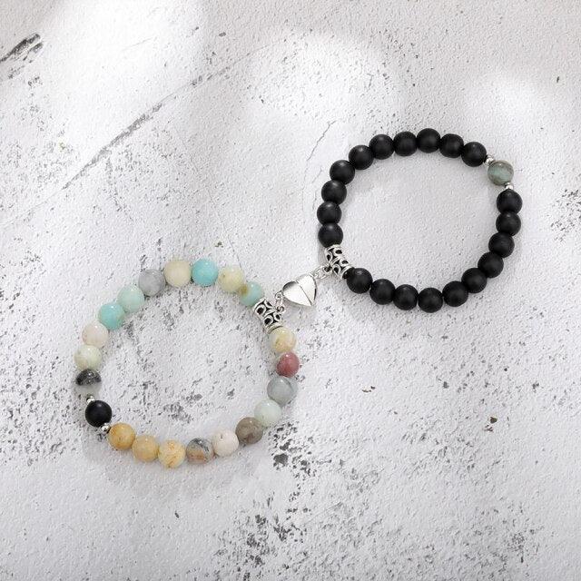 Ensemble de Bracelets pour Couples - Perles en Pierre Naturelle avec Cœurs Magnétiques