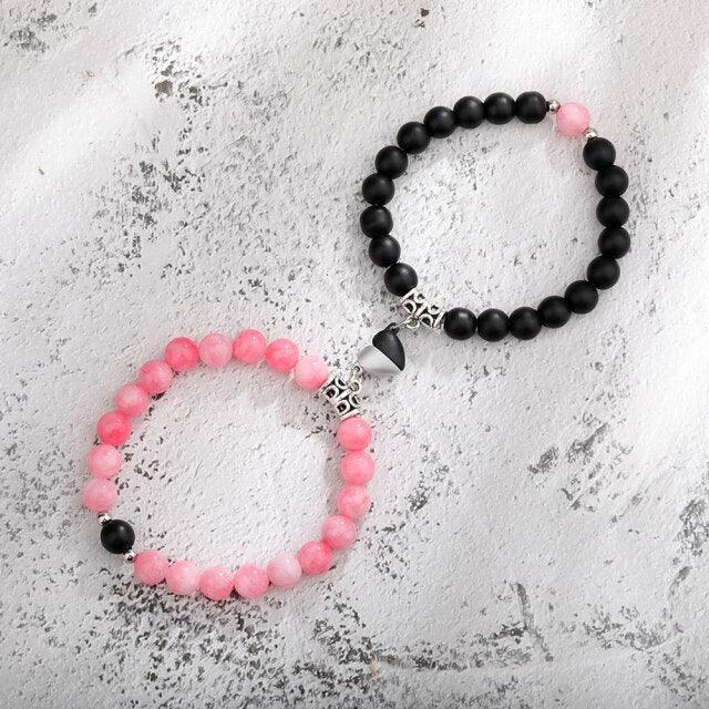 Ensemble de Bracelets pour Couples - Perles en Pierre Naturelle avec Cœurs Magnétiques