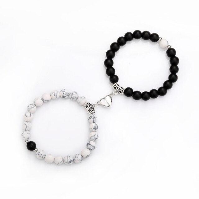 Ensemble de Bracelets pour Couples - Perles en Pierre Naturelle avec Cœurs Magnétiques
