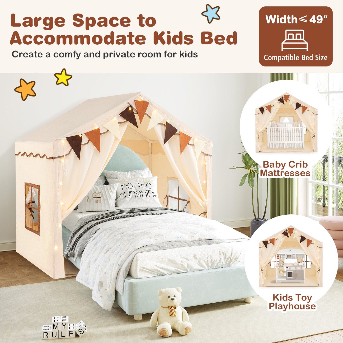 Grande tente beige pour enfants avec lumières étoilées