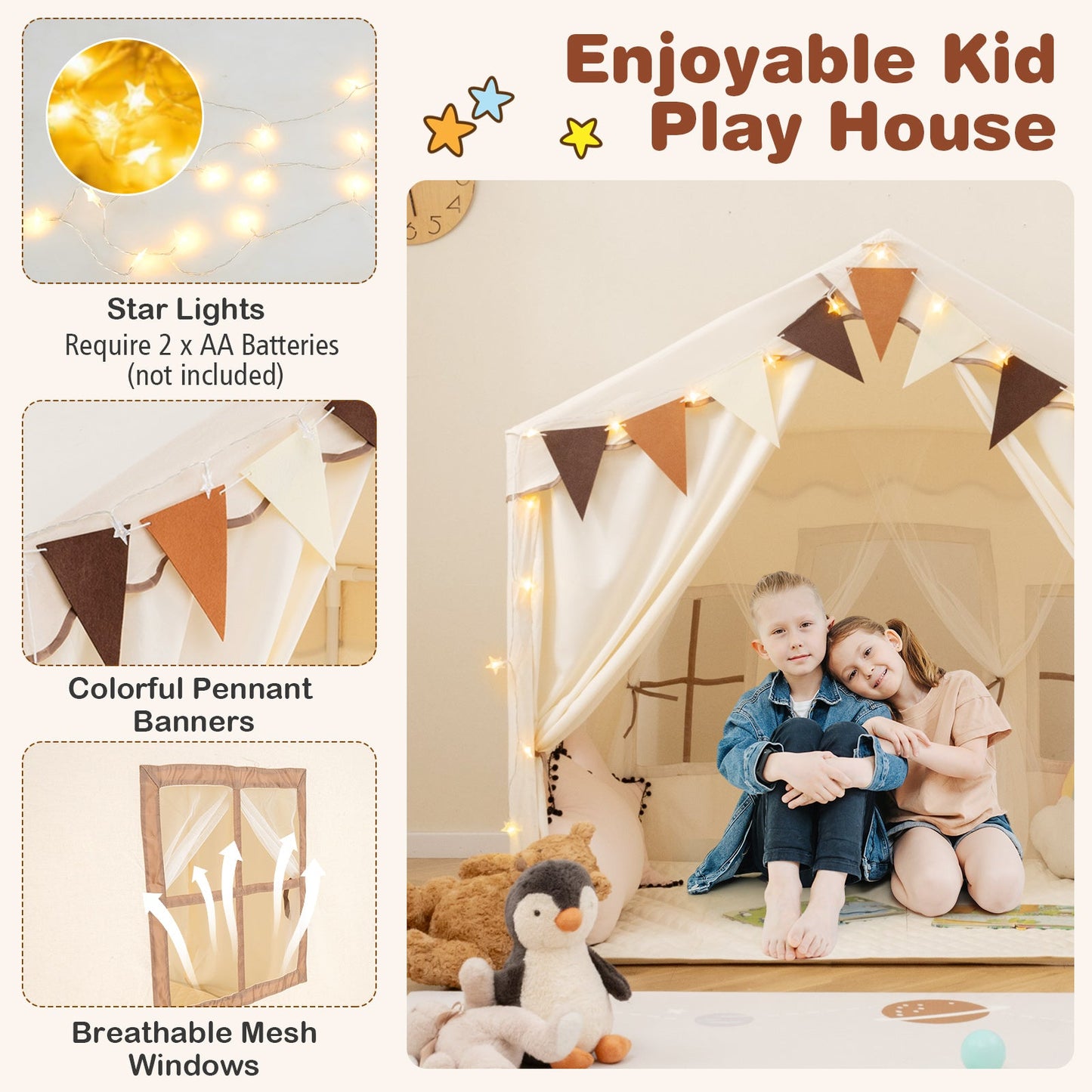 Grande tente beige pour enfants avec lumières étoilées