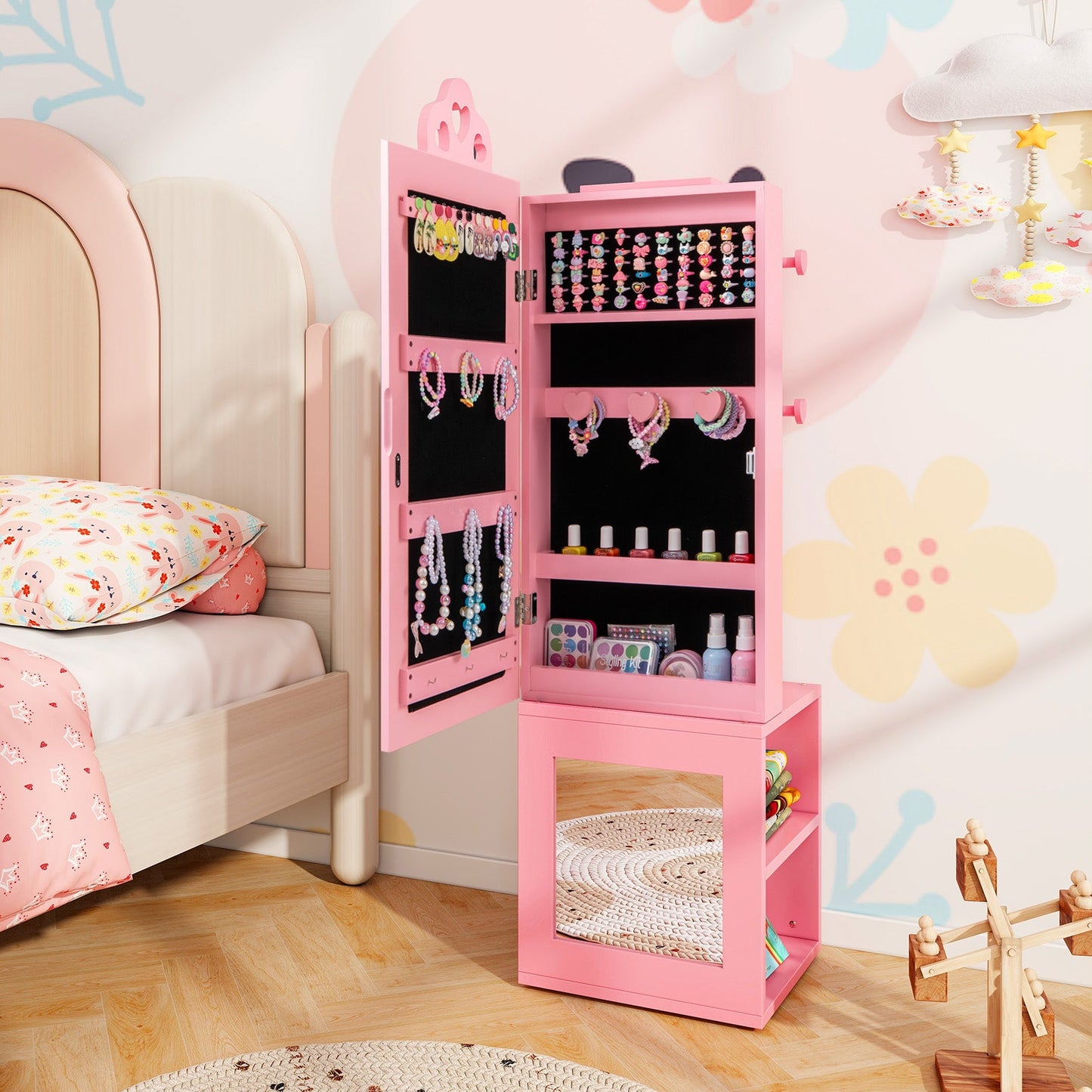Armario de Joyería Infantil 3 en 1 con Espejo de Cuerpo Completo - Rosa
