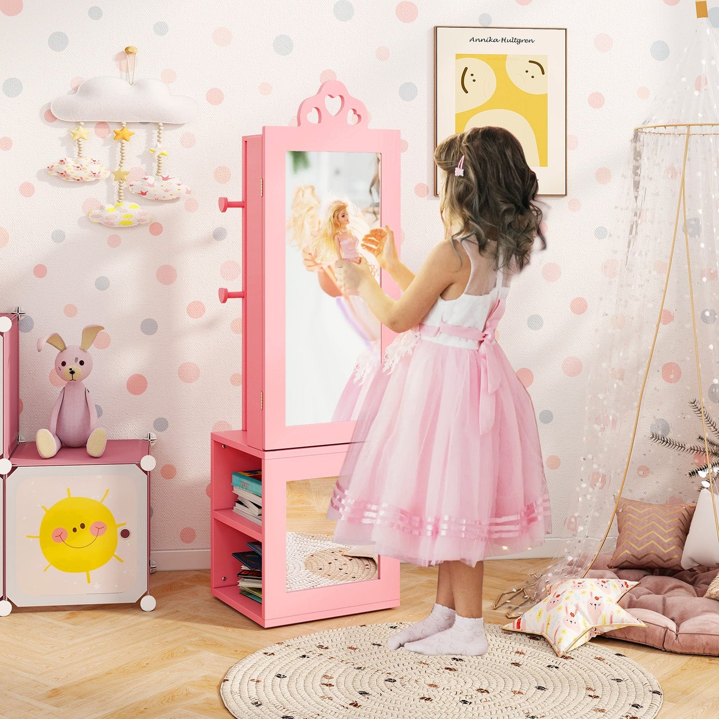 Armario de Joyería Infantil 3 en 1 con Espejo de Cuerpo Completo - Rosa
