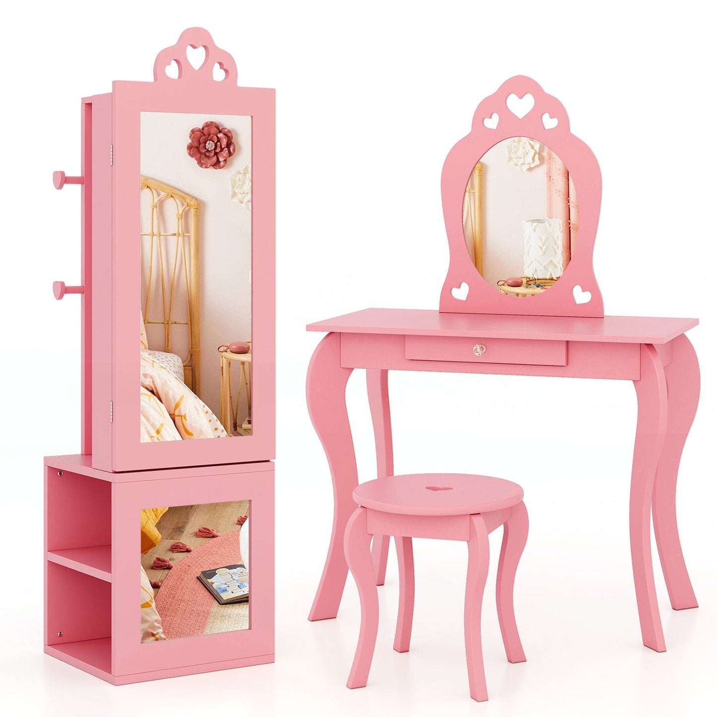 Armario de Joyería Infantil 3 en 1 con Espejo de Cuerpo Completo - Rosa