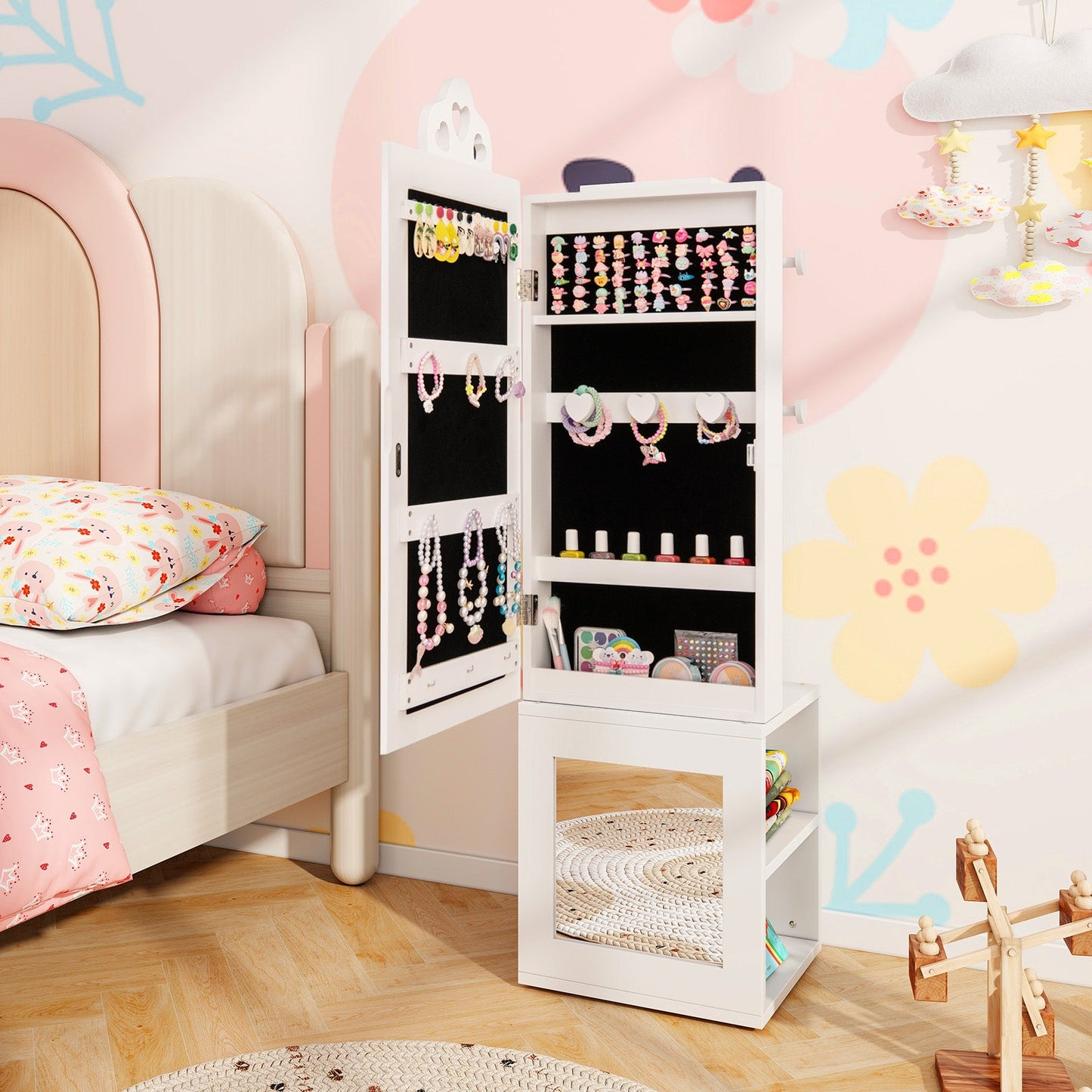 Armoire à bijoux pour enfants 3-en-1 avec miroir pleine longueur - Blanc