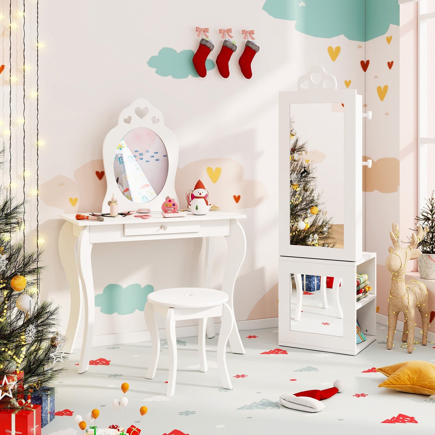Armoire à bijoux pour enfants 3-en-1 avec miroir pleine longueur - Blanc