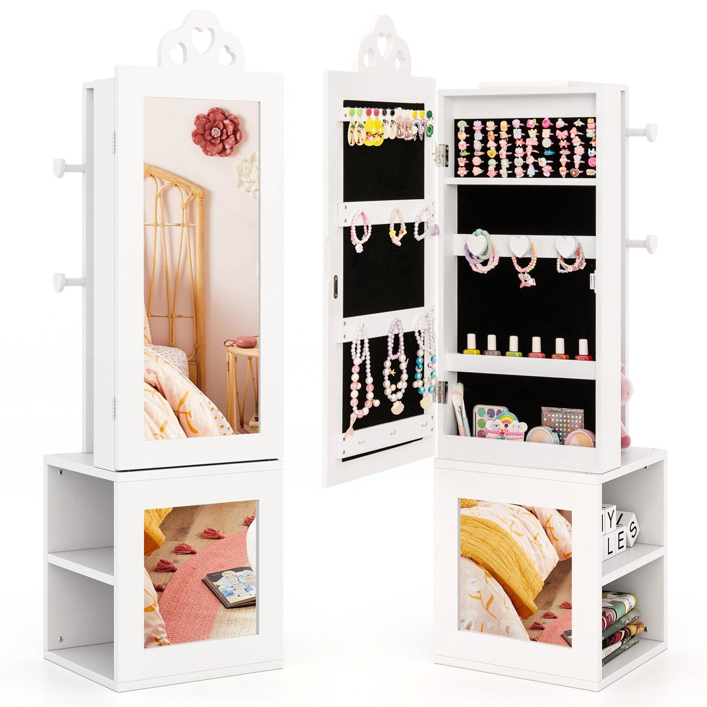 Armoire à bijoux pour enfants 3-en-1 avec miroir pleine longueur - Blanc