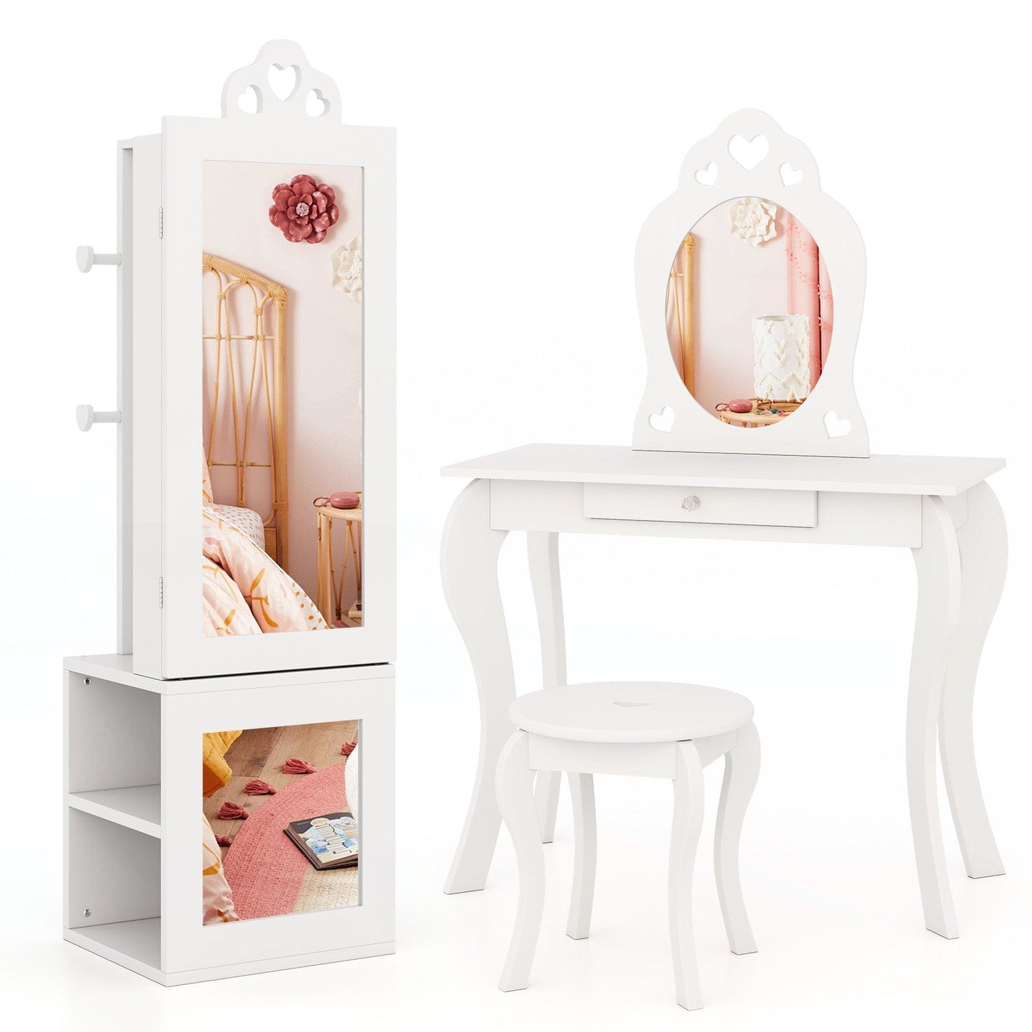 Armoire à bijoux pour enfants 3-en-1 avec miroir pleine longueur - Blanc
