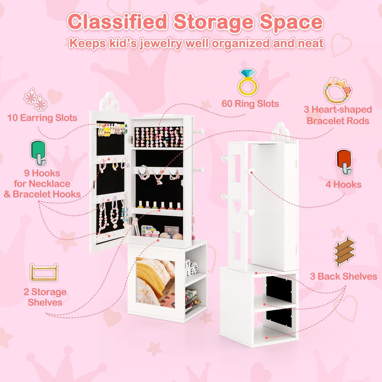 Armoire à bijoux pour enfants 3-en-1 avec miroir pleine longueur - Blanc