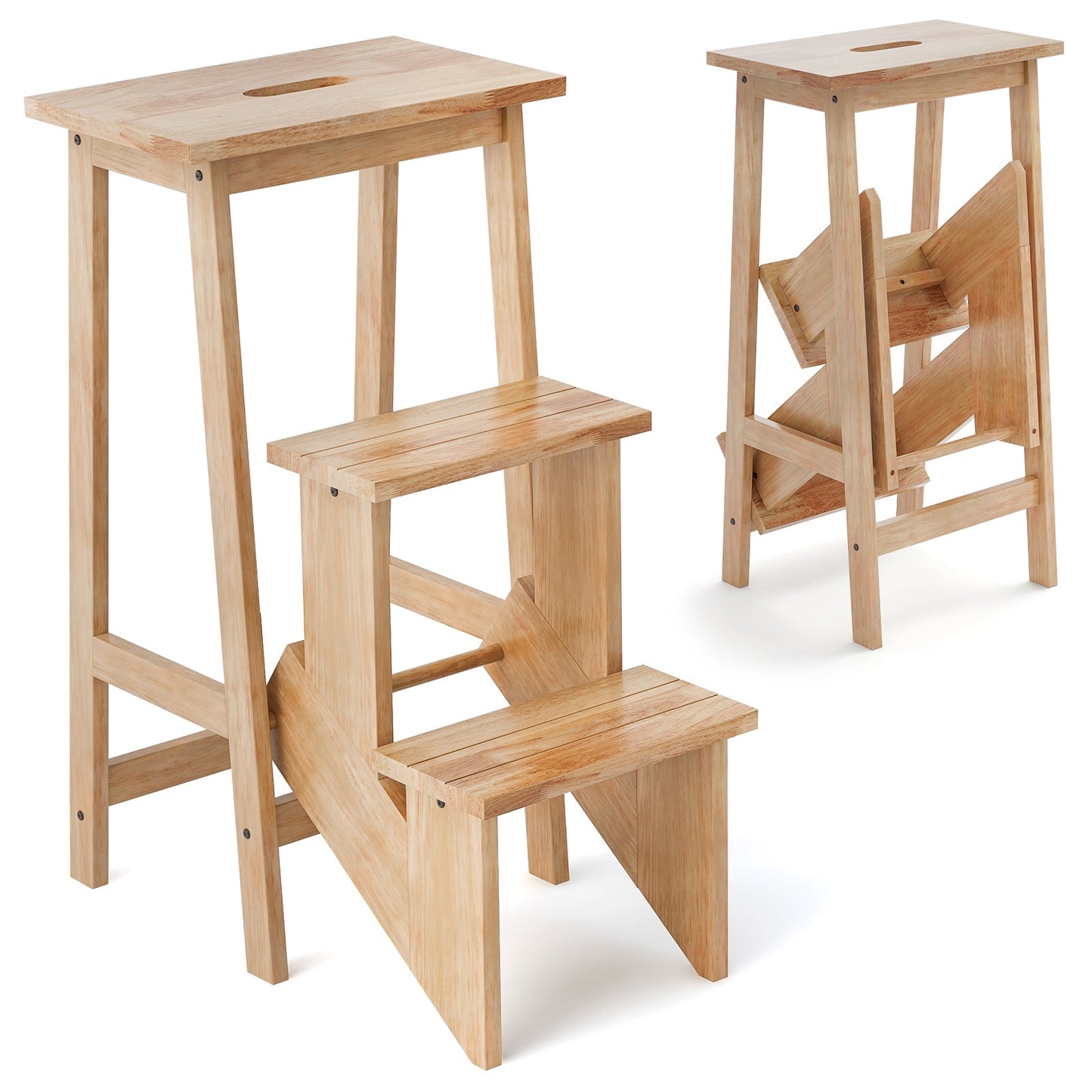3-in-1 Folding Step Stool Ladder - Natural Rubber Wood